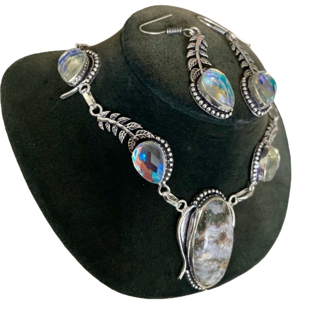 Ocean jasper iridescent opalite stones boho leaf design set necklace + earrings - Picture 5 of 16